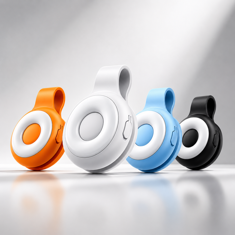Four colorful circular devices on a reflective surface with a gradient background